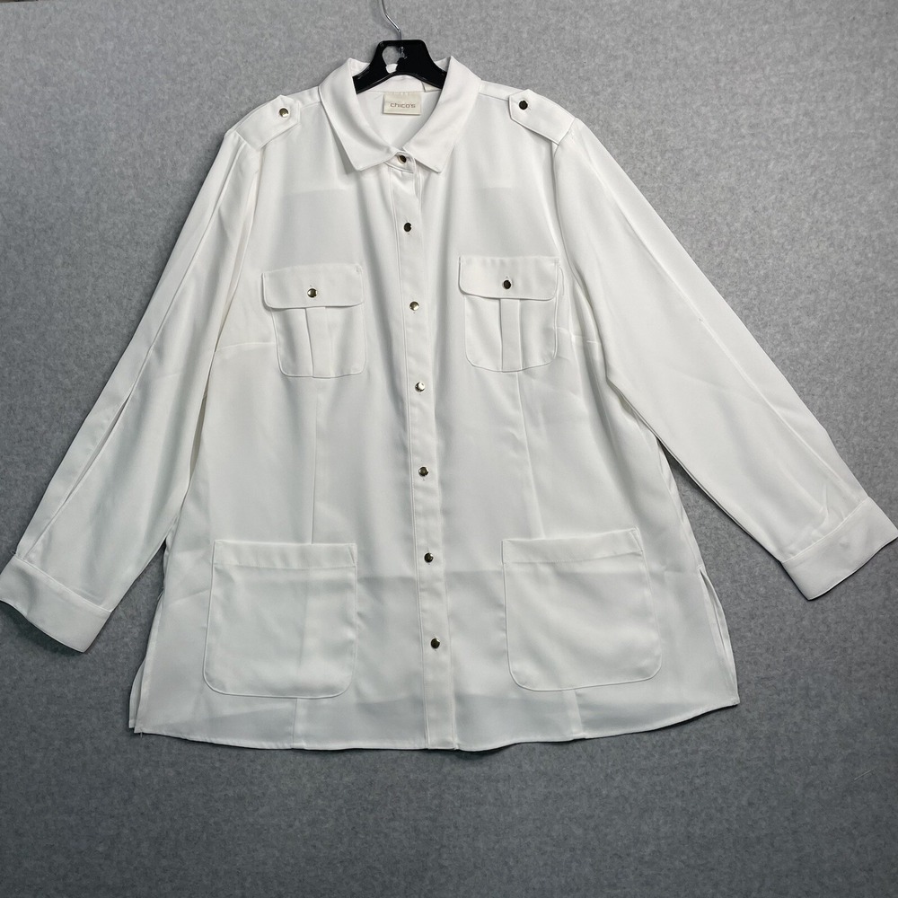 Chicos Tunic Top Womens 3/16/XL White Long Sleeve Button Up Gold Buttons Pockets